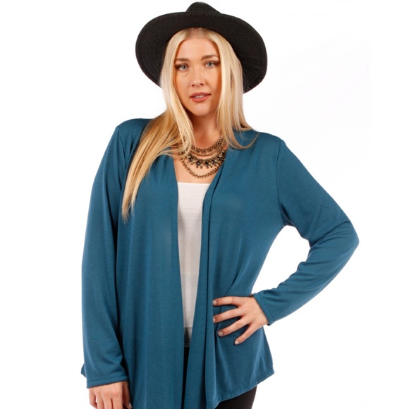 1x-3x PlusWaterfal Draped Open  Knit Cardigan TEAL - Picture 2 of 4